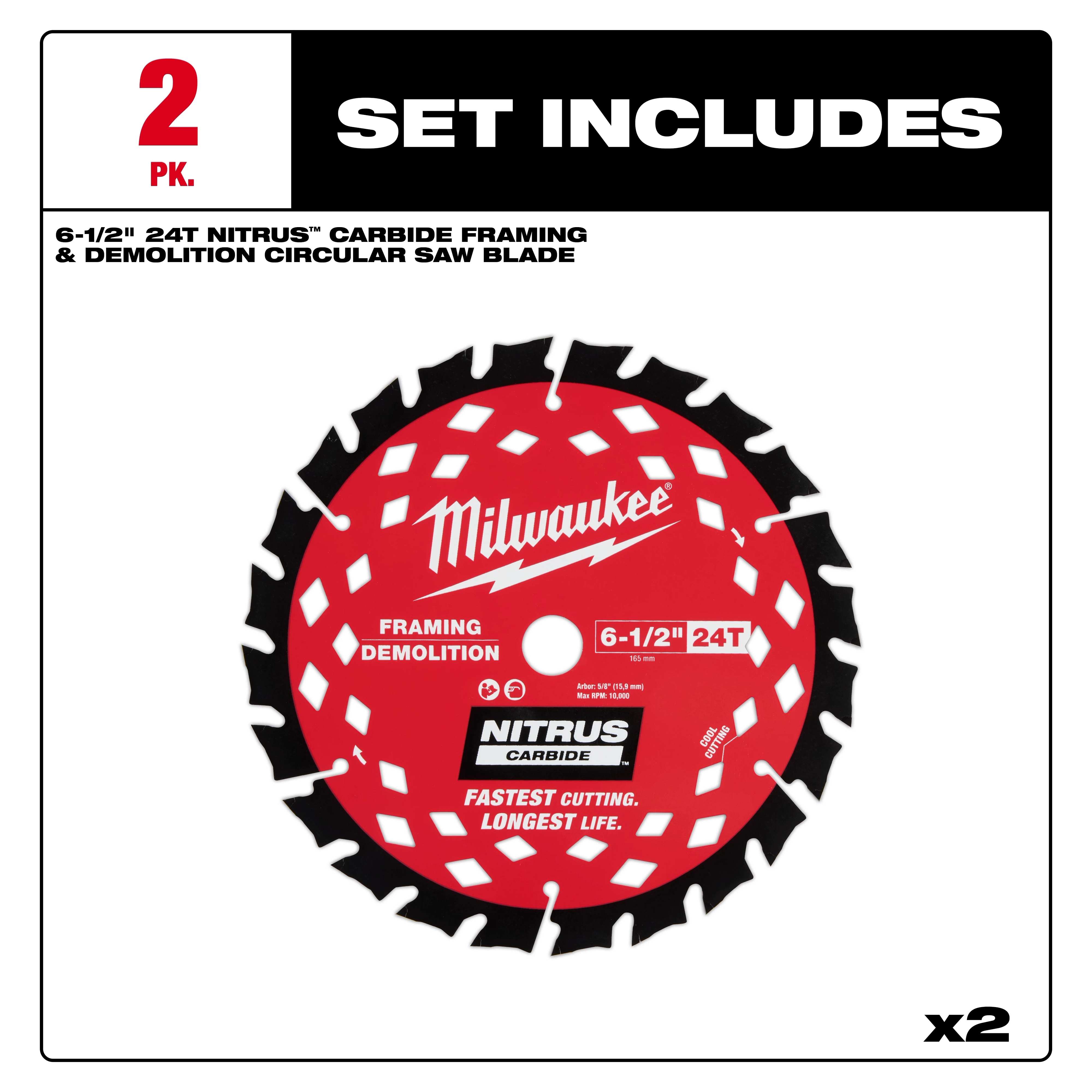 Packaging displaying a 6-1/2” 24T NITRUS Carbide Framing & Demolition Circular Saw Blade with set includes text.