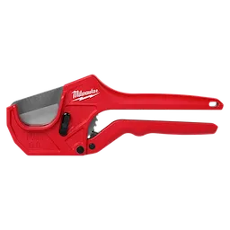 Red 1-5/8" Ratcheting Pipe Cutter with a stainless steel blade, features a black release mechanism and is designed for cutting pipes.