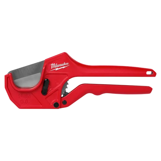 Red 1-5/8" Ratcheting Pipe Cutter with a stainless steel blade, features a black release mechanism and is designed for cutting pipes.