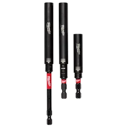 The image shows three Milwaukee shockwave extension bits of varying lengths, each with a black cylindrical body and a red and black shaft. The Milwaukee logo is visible on both the body and the shaft. The extensions are designed for power tools.