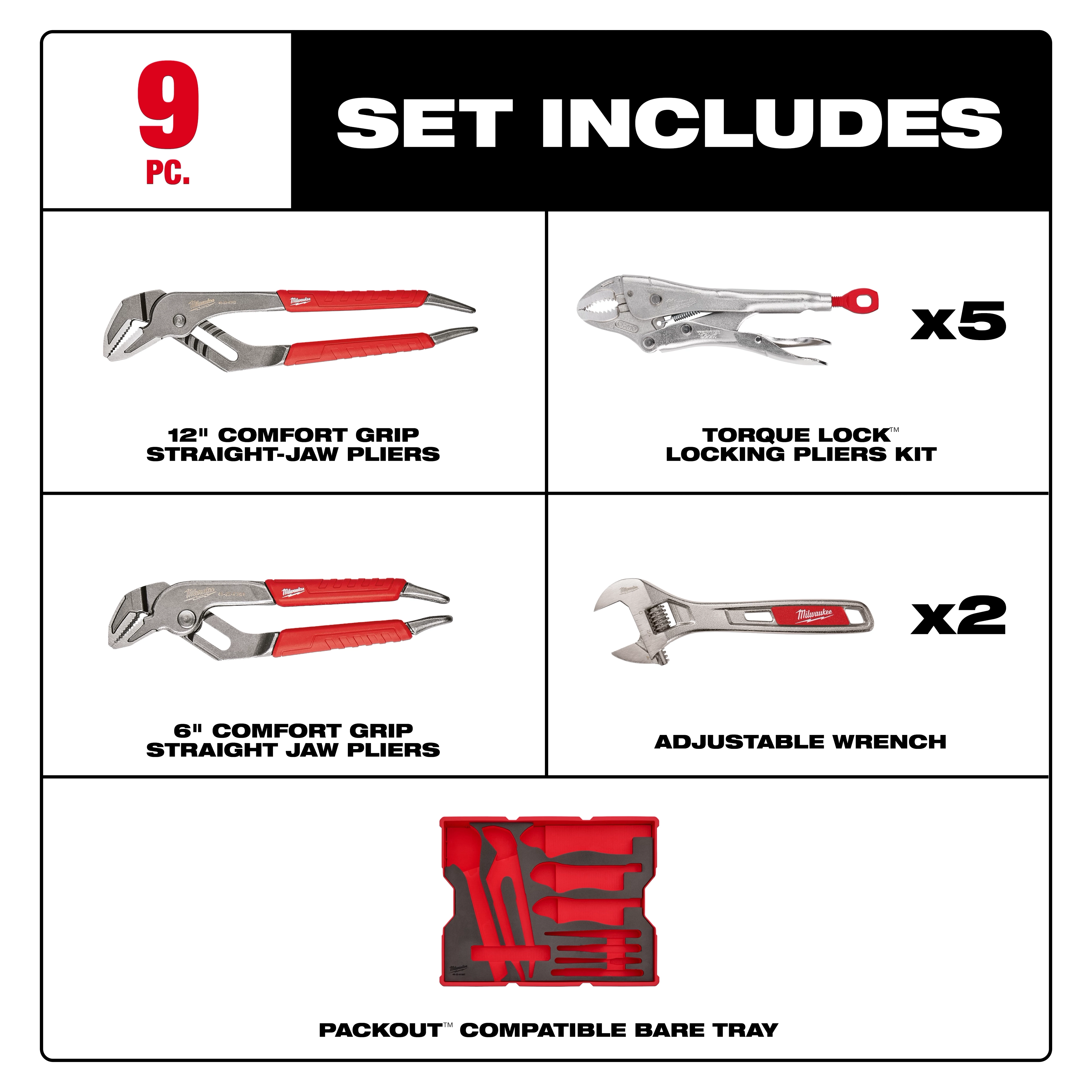 The image displays components of a 9pc. Pliers & Wrench Set with Tray for PACKOUT™ Drawers, including 12” Comfort Grip Straight-Jaw Pliers, Torque Lock™ Locking Pliers Kit (x5), 6” Comfort Grip Straight-Jaw Pliers, Adjustable Wrenches (x2), and a PACKOUT™ Compatible Bare Tray.