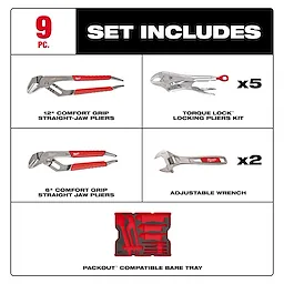 The image displays components of a 9pc. Pliers & Wrench Set with Tray for PACKOUT™ Drawers, including 12” Comfort Grip Straight-Jaw Pliers, Torque Lock™ Locking Pliers Kit (x5), 6” Comfort Grip Straight-Jaw Pliers, Adjustable Wrenches (x2), and a PACKOUT™ Compatible Bare Tray.
