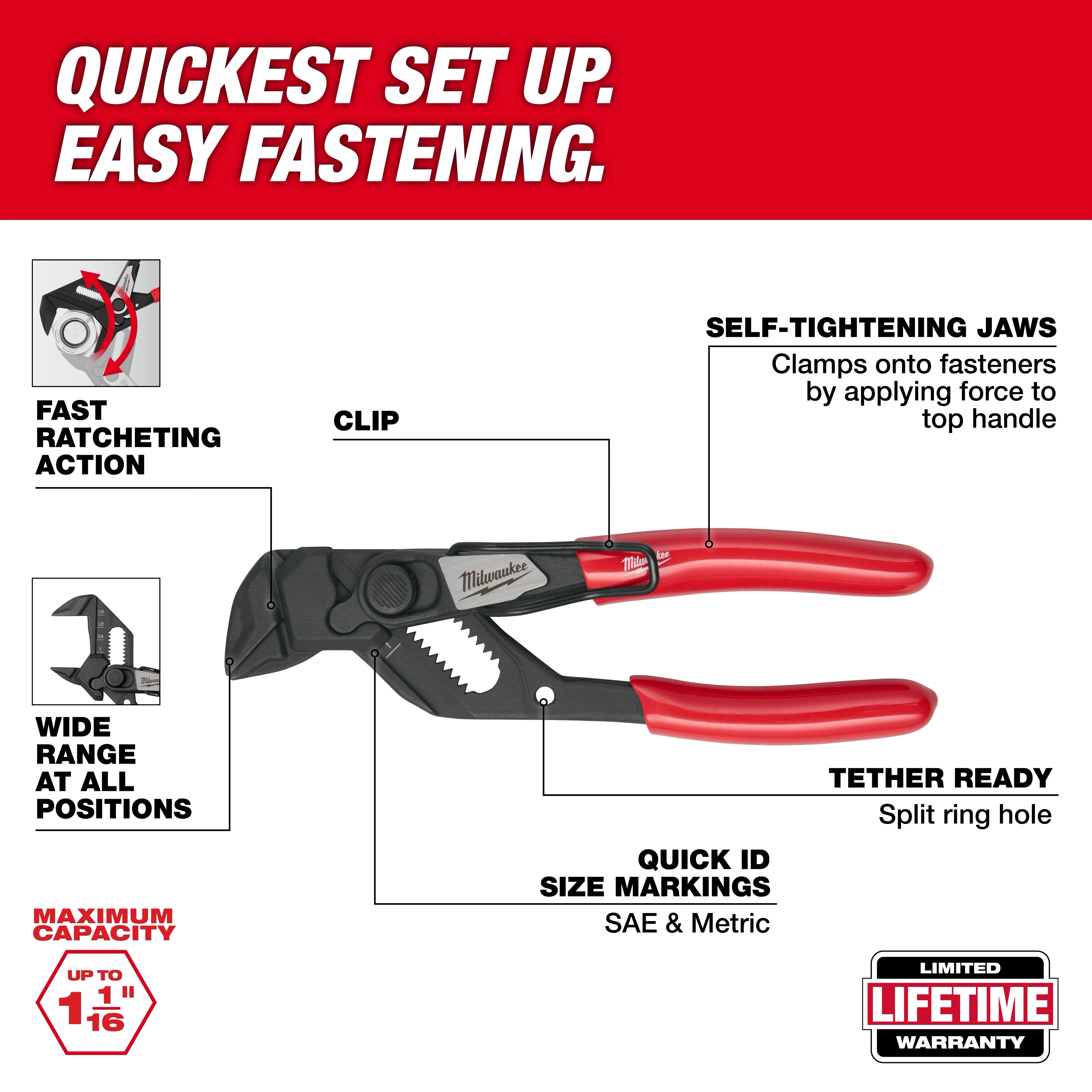 5" Pliers Wrench with Belt Clip, featuring fast ratcheting action, self-tightening jaws, quick size markings, and tether-ready functionality.