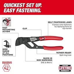5" Pliers Wrench with Belt Clip, featuring fast ratcheting action, self-tightening jaws, quick size markings, and tether-ready functionality.