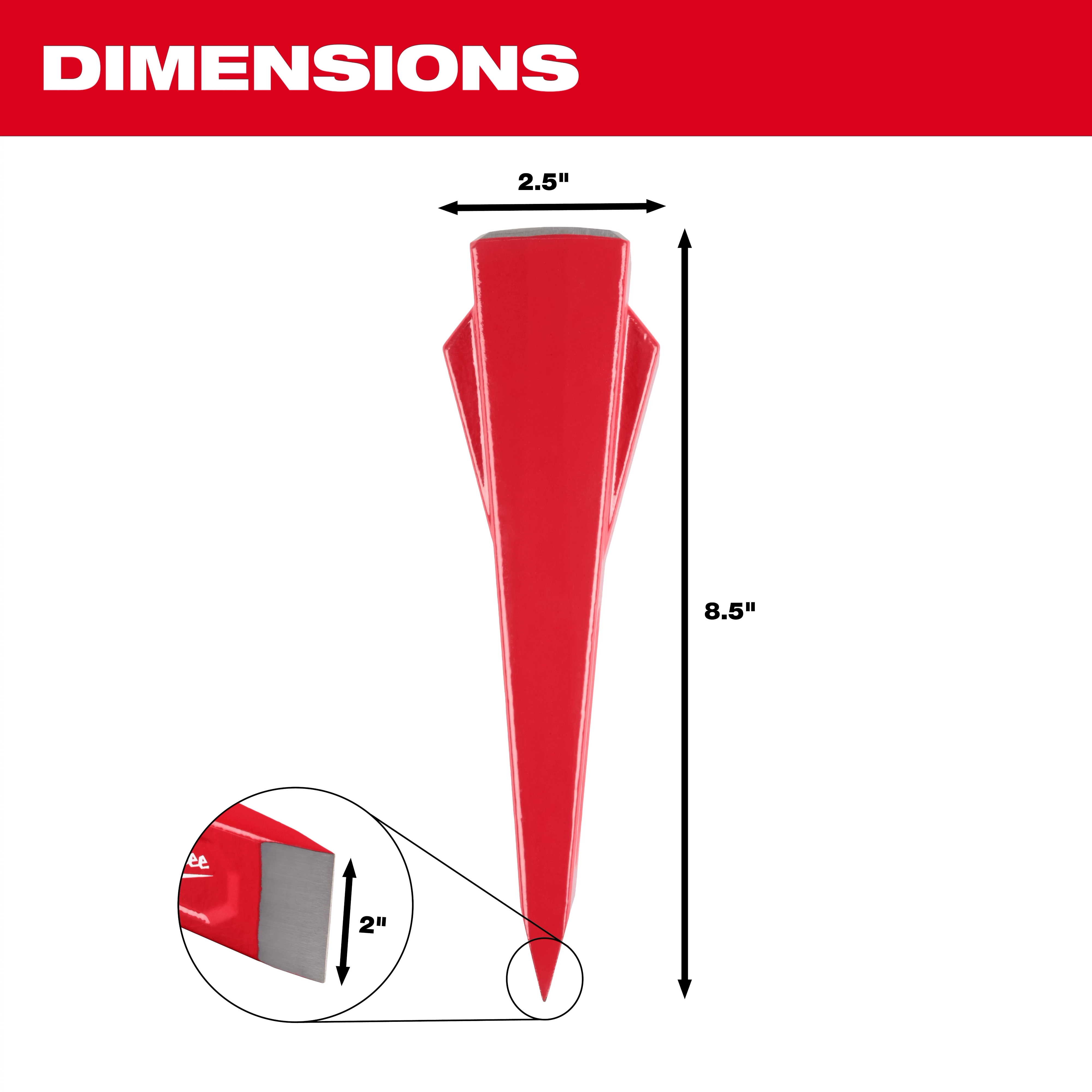 Red 5lb Splitting Wedge centered on white background with labeled dimensions 8.5 by 2.5 inches.