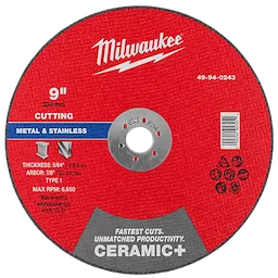 9" x 5/64" x 7/8" Ceramic+ Metal Cut Off Wheel -Type 1 with red label and central mounting hole.