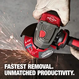 Bonded Abrasives Grinding disc in use with an angle grinder, producing sparks while cutting metal. Text reads: "Fastest Removal. Unmatched Productivity."