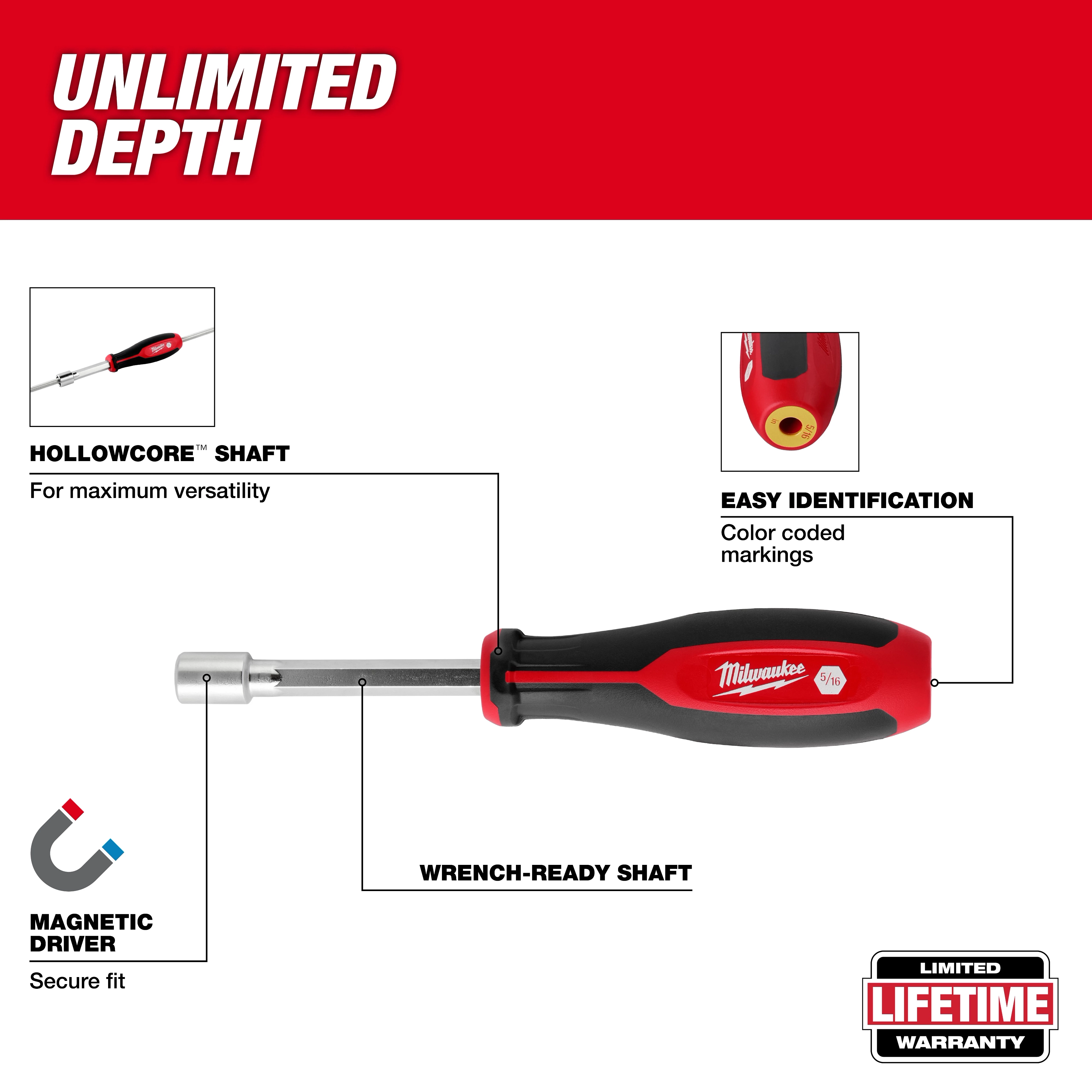 HollowCore Nut Driver Magnetic - SAE by Milwaukee features a hollow shaft for versatility, magnetic driver for secure fit, and color-coded markings for easy identification.