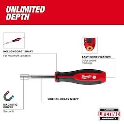 HollowCore Nut Driver Magnetic - SAE by Milwaukee features a hollow shaft for versatility, magnetic driver for secure fit, and color-coded markings for easy identification.