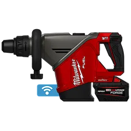 M18 FUEL 18 lb SDS MAX Demolition Hammer Kit side view with handle, battery pack, and wireless icon underneath.