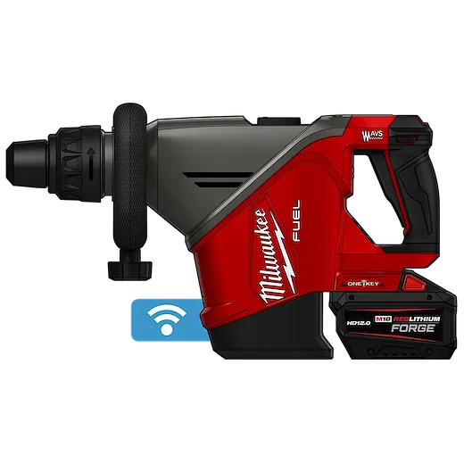 M18 FUEL 18 lb SDS MAX Demolition Hammer Kit side view with handle, battery pack, and wireless icon underneath.