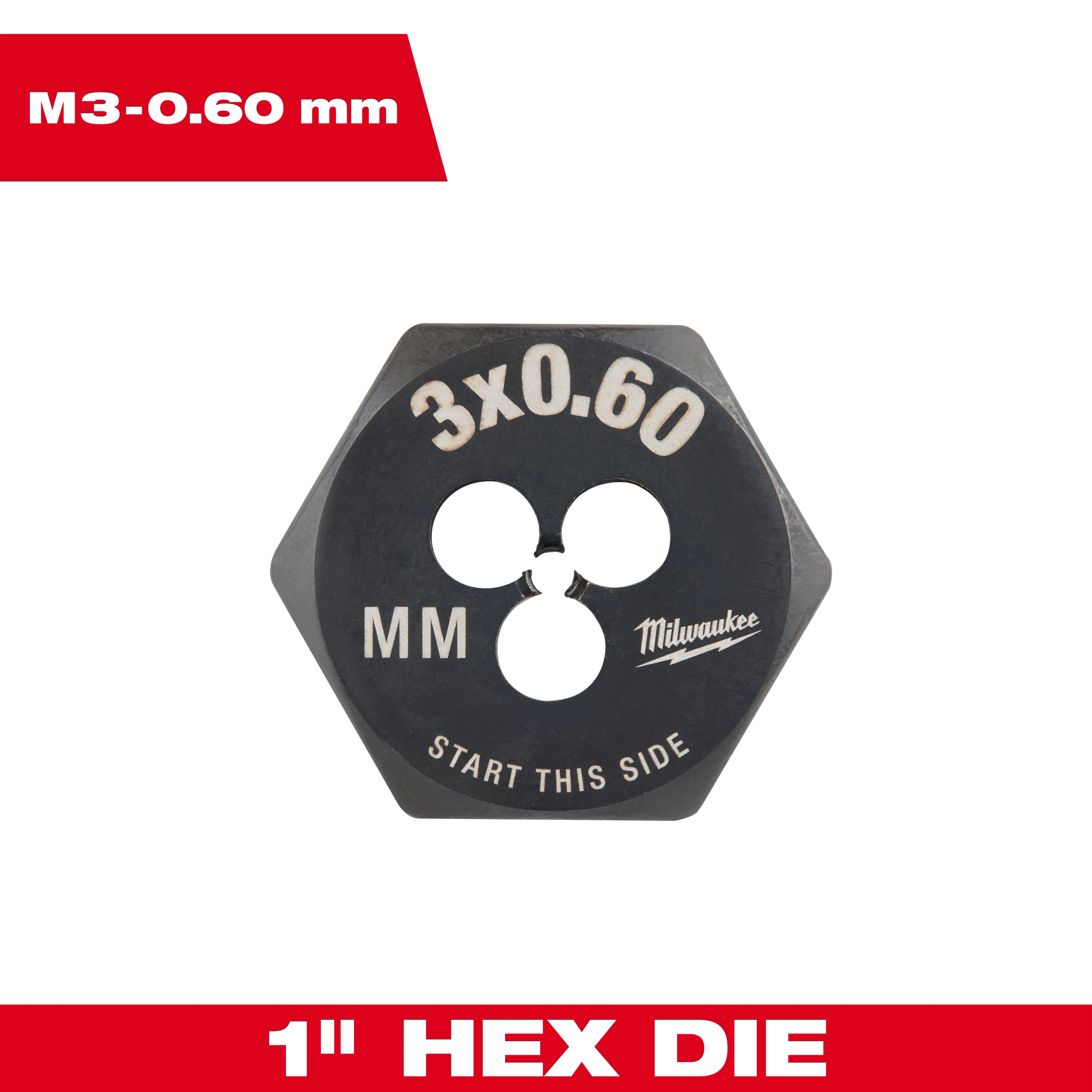 M3-0.60 20mm 1-Inch Hex Threading Die with three cutting holes and "Start This Side" instructions is shown against a white background.