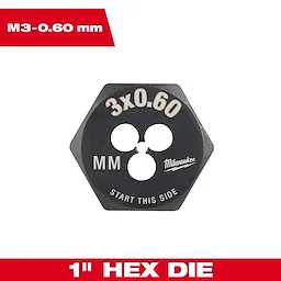 M3-0.60 20mm 1-Inch Hex Threading Die with three cutting holes and "Start This Side" instructions is shown against a white background.