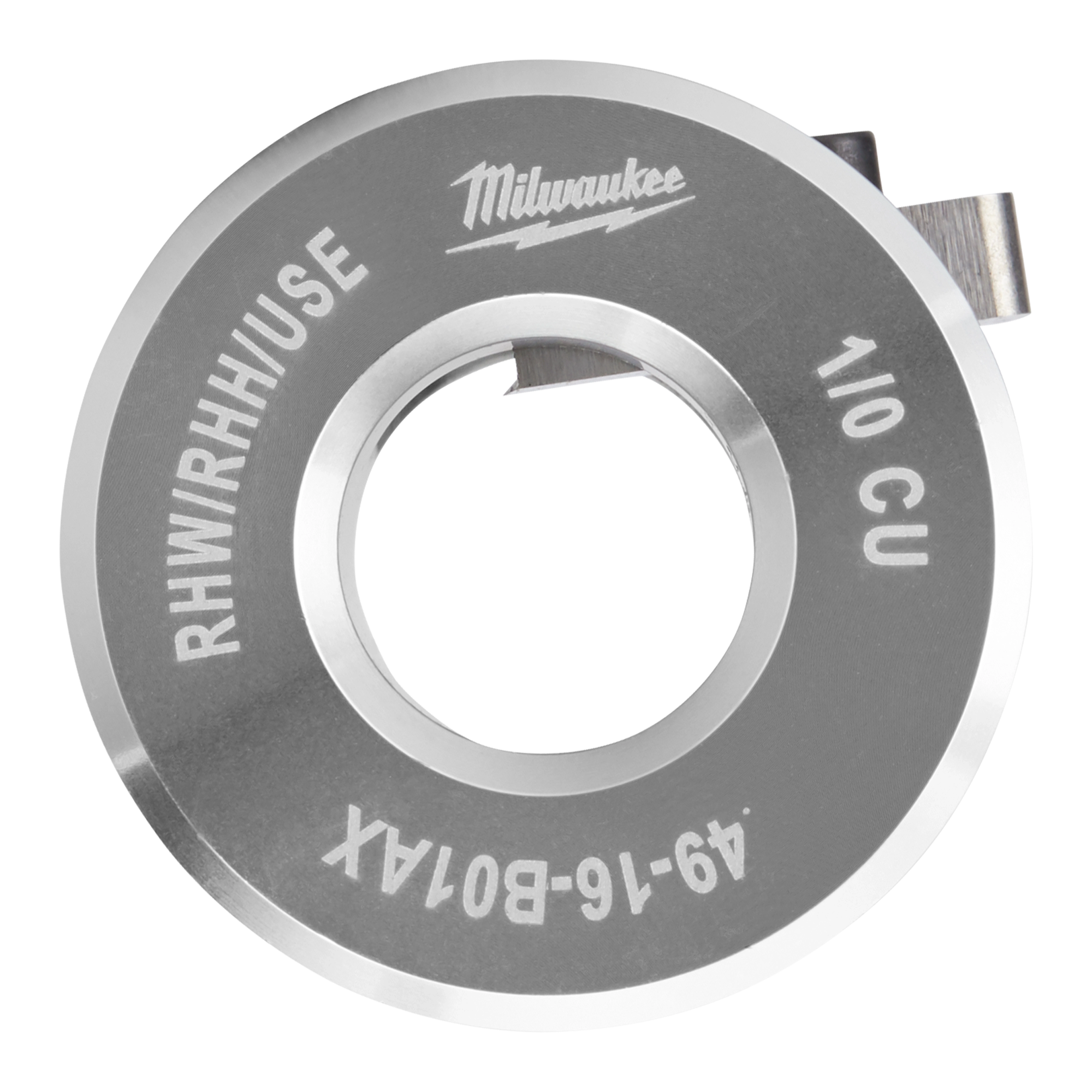 Milwaukee RHWIRHHUSE 1/10 CU metal cutting tool. Circular design with a central hole and sharp blades on the outer edge.