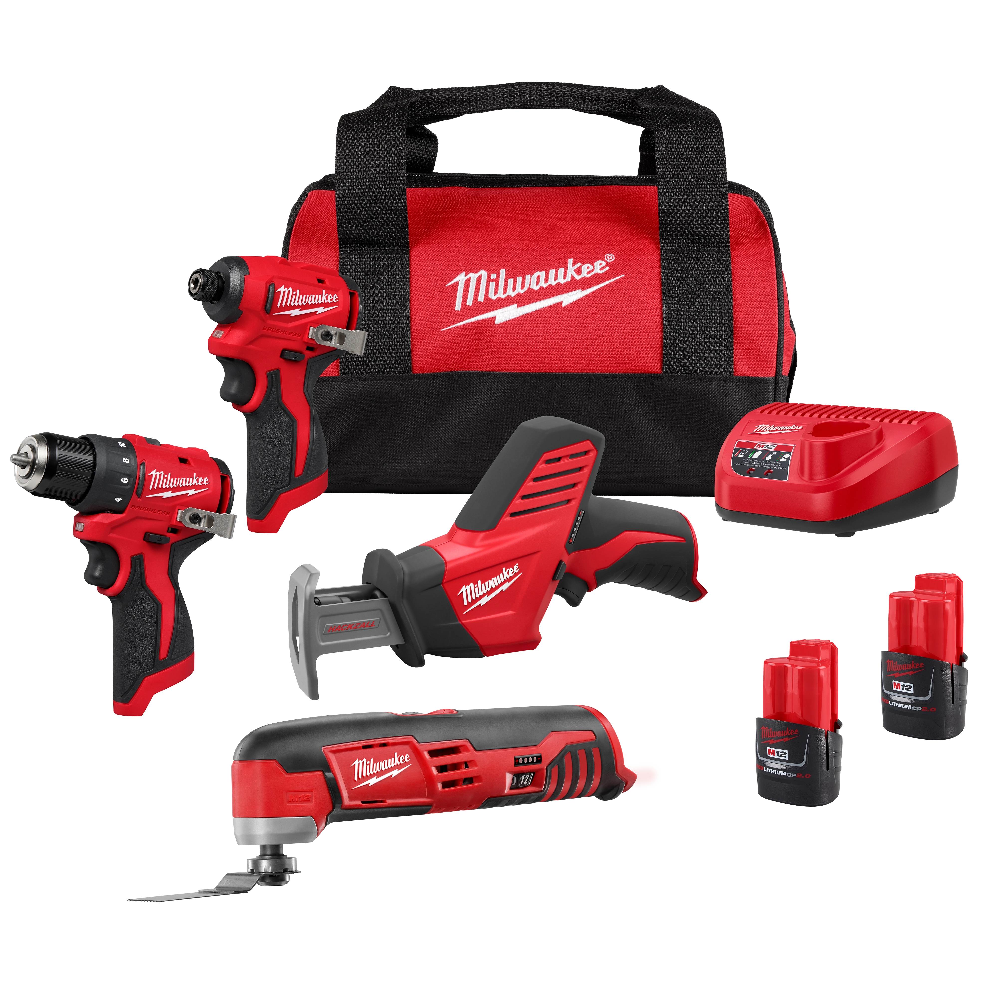 The M12™ Subcompact Brushless 2-Tool Combo Kit includes a drill/driver, impact driver, battery charger, two batteries, and a red Milwaukee carrying bag. All tools are black and red, with the Milwaukee logo prominently displayed.