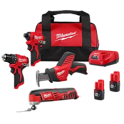 The M12™ Subcompact Brushless 2-Tool Combo Kit includes a drill/driver, impact driver, battery charger, two batteries, and a red Milwaukee carrying bag. All tools are black and red, with the Milwaukee logo prominently displayed.