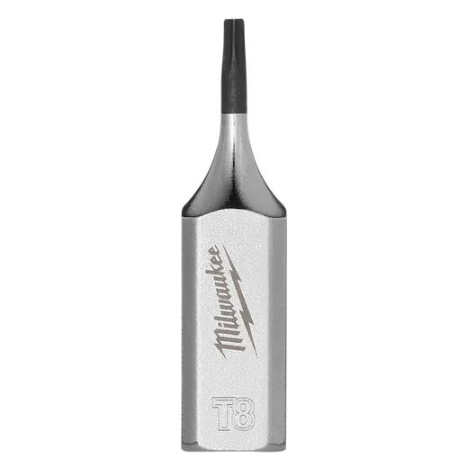 1/4" Drive T8 Tamper-Proof TORX Bit Socket with a metallic finish and the Milwaukee logo. Designed for use with T8 TORX screws, featuring tamper-proof functionality ideal for security fasteners.
