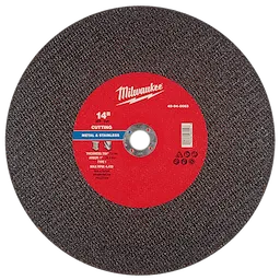 14" x 7/64" x 1" metal cut-off wheel with a red label for cutting metal and stainless steel, max RPM 4,400.