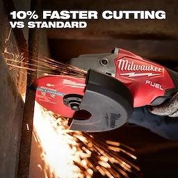 Power tool cutting metal with sparks. Text reads "10% Faster Cutting vs Standard." Tool uses Bonded Abrasives Cutting disc.
