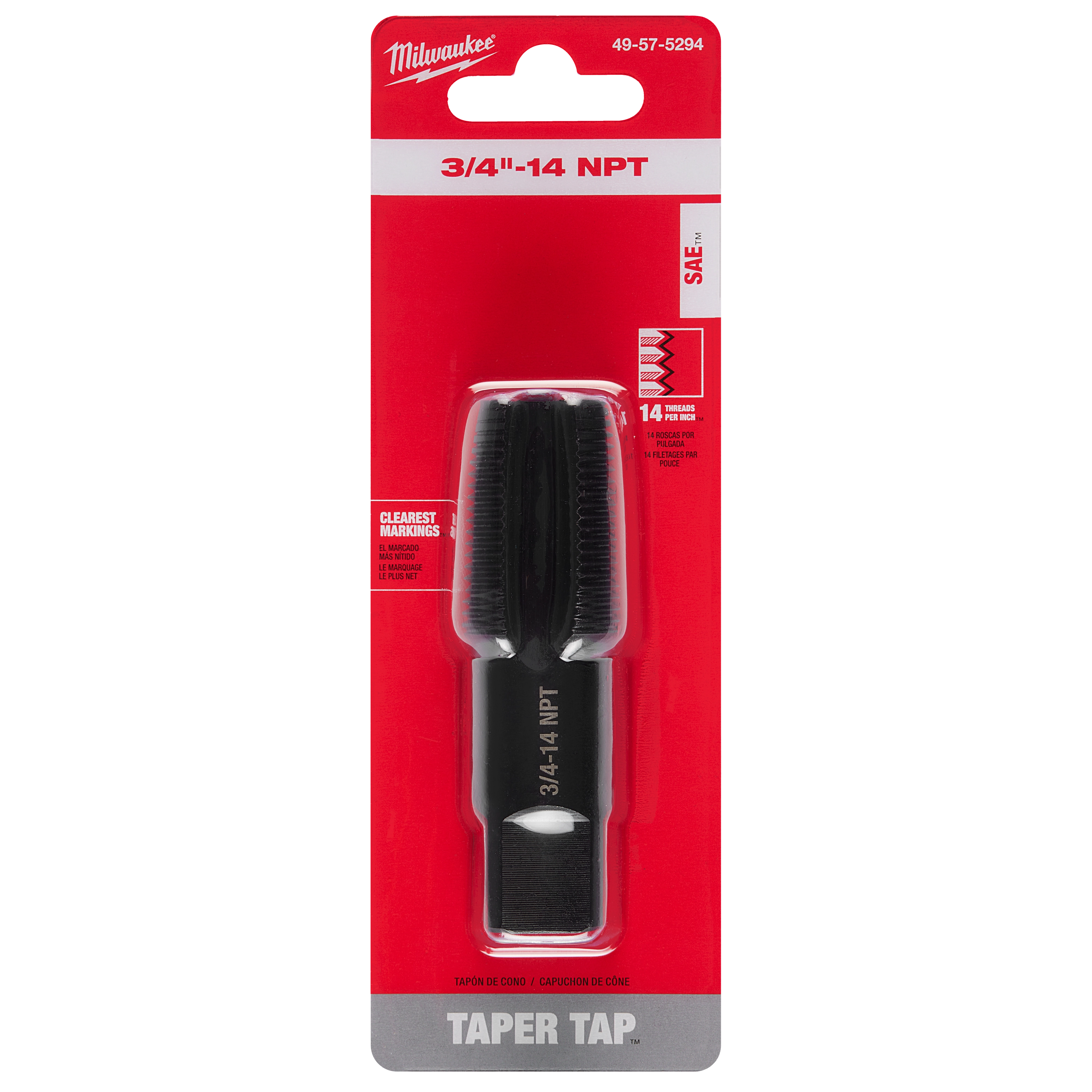 3/4"-14 NPT Straight Flute Taper Tap in red and black packaging with clear markings, designed for threading pipe.