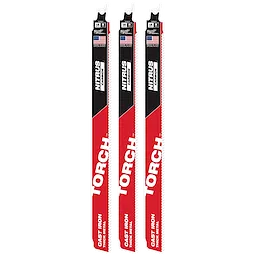 Three SAWZALL® blades labeled 12" 8 TPI TORCH™ with NITRUS™ Carbide for Cast Iron are shown standing vertically. Each blade has red and black coloring with USA flag icons near the top. Suitable for cutting cast iron and thick metal, sold as a pack of three.