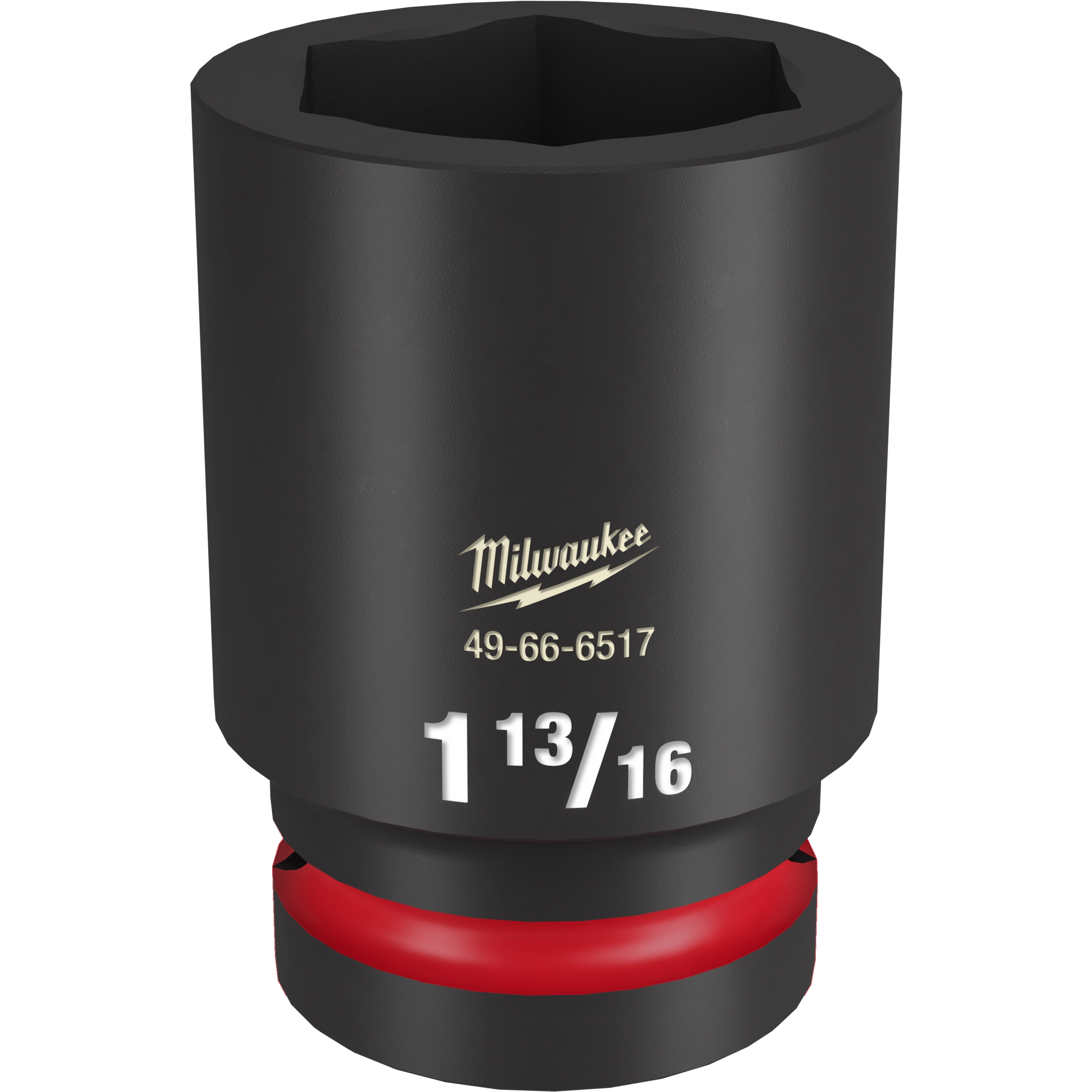 Black, cylindrical 1%22%20DR%201-13%2F16%20DEEP%20IMPACT%20SOCKET with white size marking "1 13/16" and product number "49-66-6517" in gold. The socket features a red ring near the base.