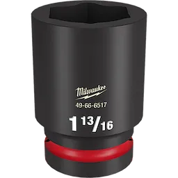 Black, cylindrical 1%22%20DR%201-13%2F16%20DEEP%20IMPACT%20SOCKET with white size marking "1 13/16" and product number "49-66-6517" in gold. The socket features a red ring near the base.