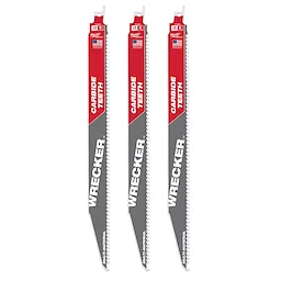 The 12" 6 TPI THE WRECKER™ with Carbide Teeth SAWZALL® Blade 3PK features three durable metallic reciprocating saw blades. Each blade has a red and gray design, bold "CARBIDE TEETH" and "WRECKER" text, and jagged teeth suitable for tough cutting tasks. Made in the USA.