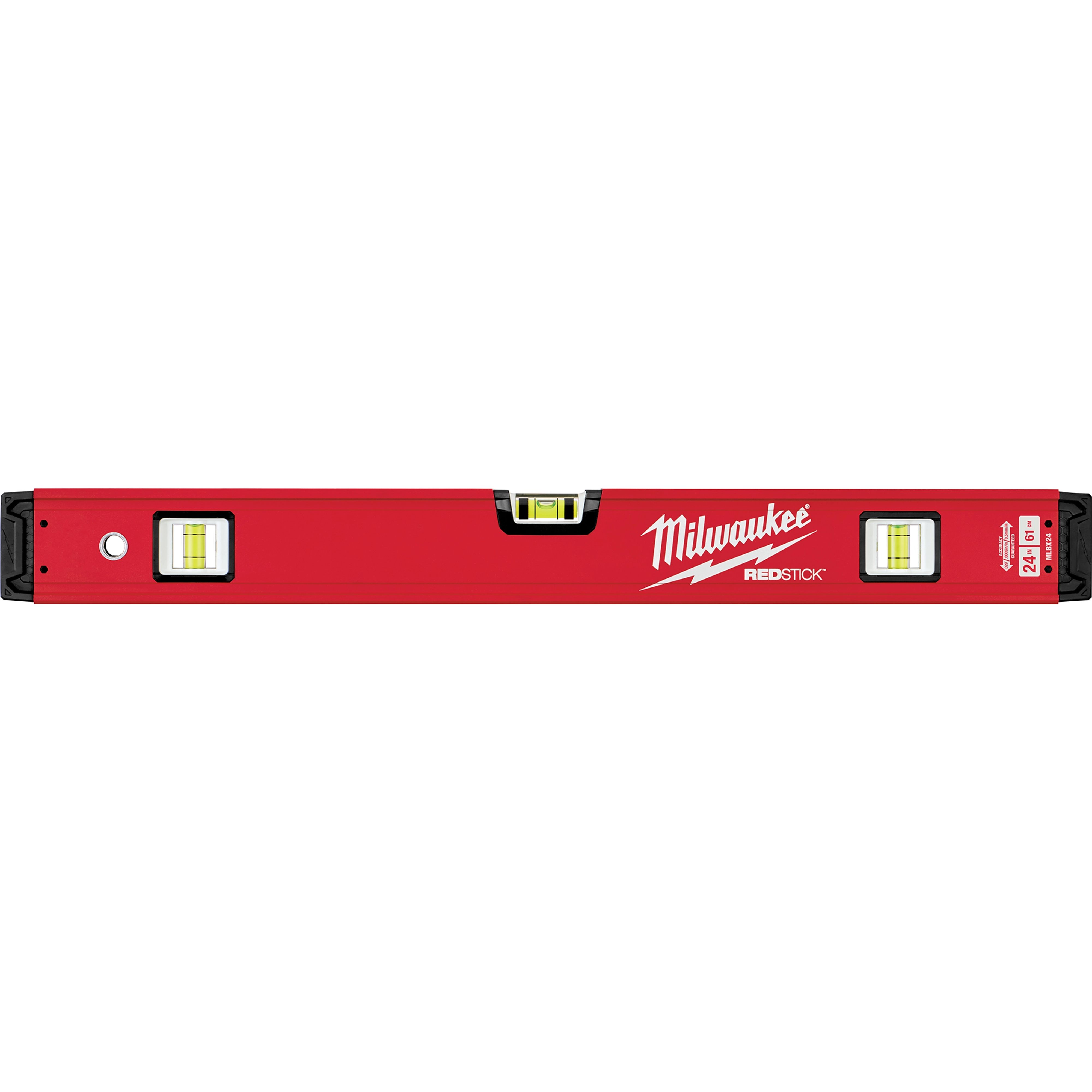 Red Milwaukee REDSTICK Level with three vials and black end caps, designed for precise leveling tasks.