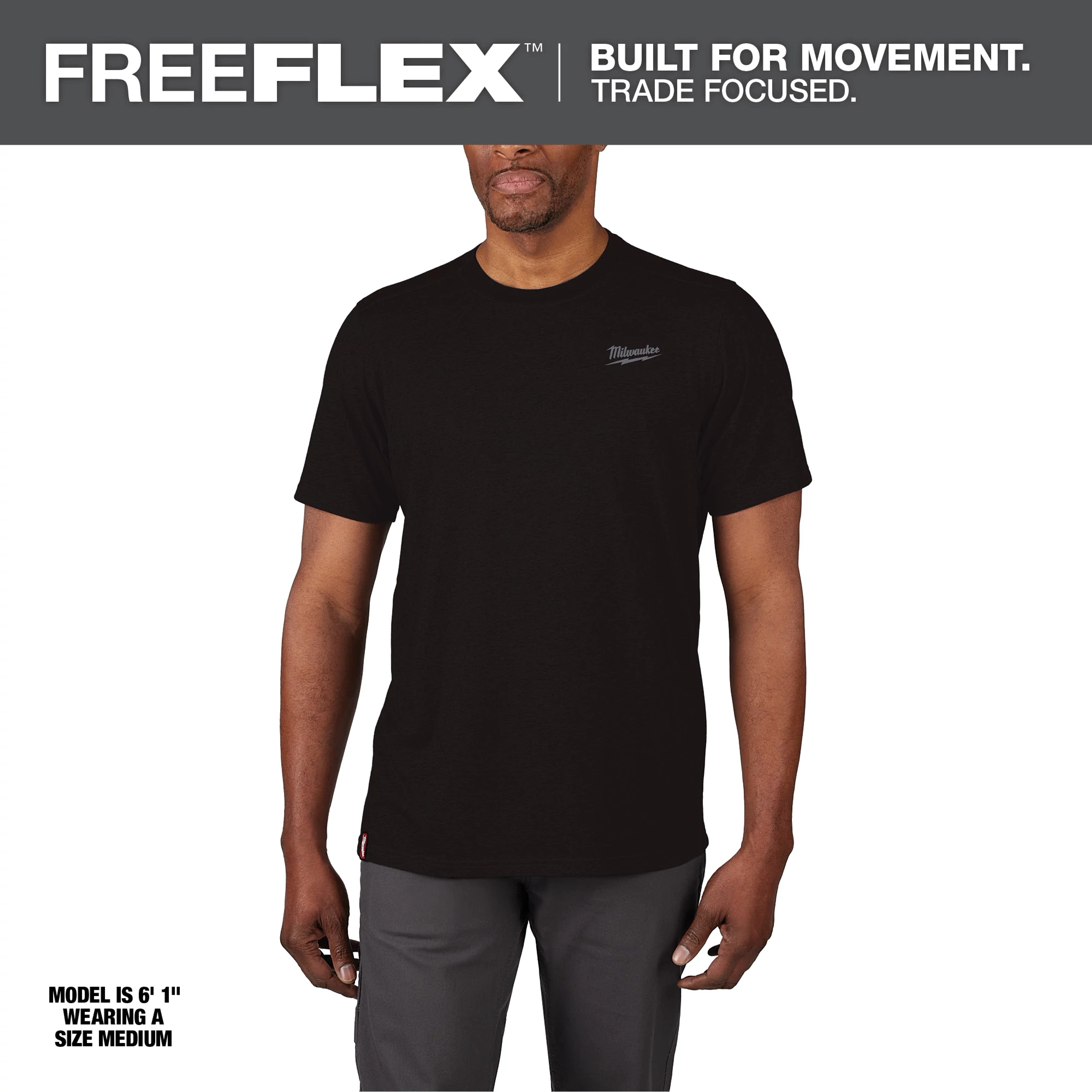 Hybrid Work Tee - Short Sleeve - Black Primary Image features a model wearing a black short-sleeve T-shirt in size medium.