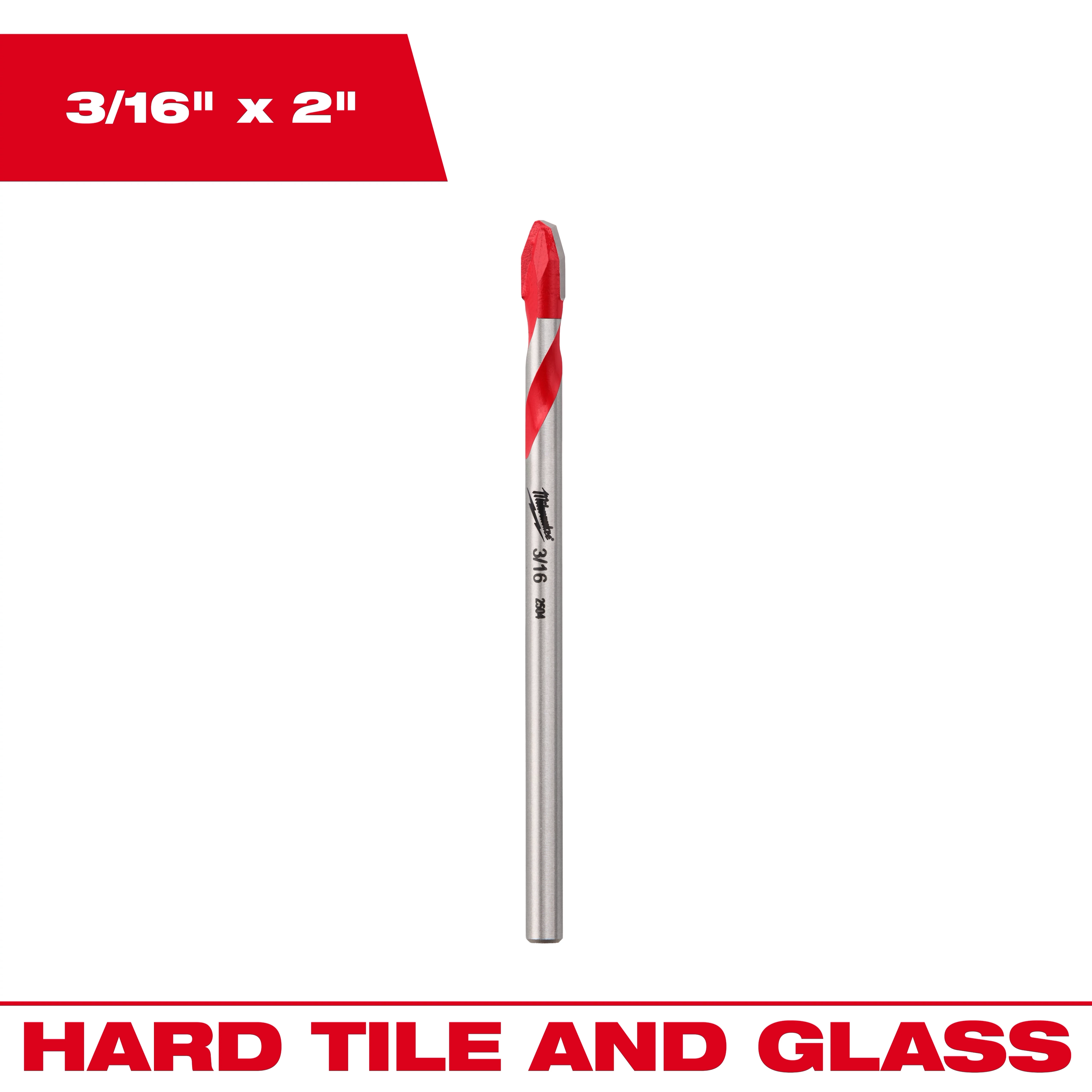 3/16" Hard Tile and Glass Bit with a red-tipped drill bit centered on a white background with red text banners.