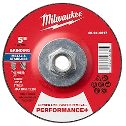 Performance+ 5" x 1/4" x 5/8"-11 Metal Grinding Wheel, Type 27, for metal and stainless grinding. Red label with product details.