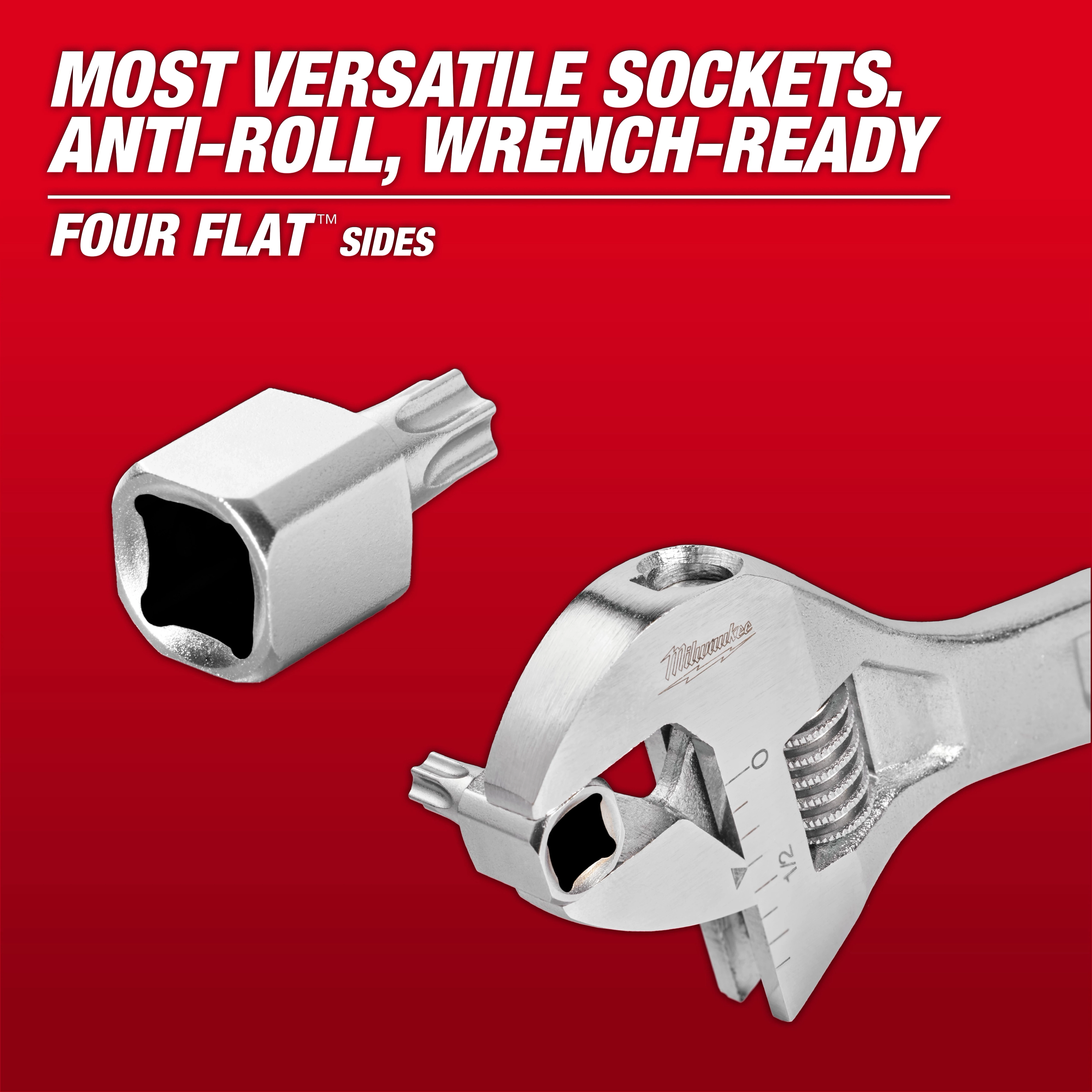 The Low Profile TORX Bit Socket features four flat sides for anti-roll and wrench-ready use. It includes "MOST VERSATILE SOCKETS" text.