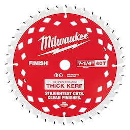7-1/4" 40T Thick Kerf Finish Circular Saw Blade with a red center and evenly spaced teeth around the edge.