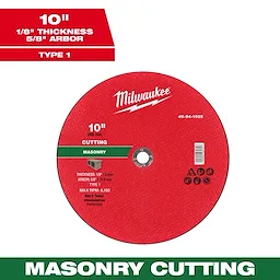 10" x 1/8" x 5/8" Masonry Cut Off Wheel - Type 1 by Milwaukee, red with white text, for masonry cutting.