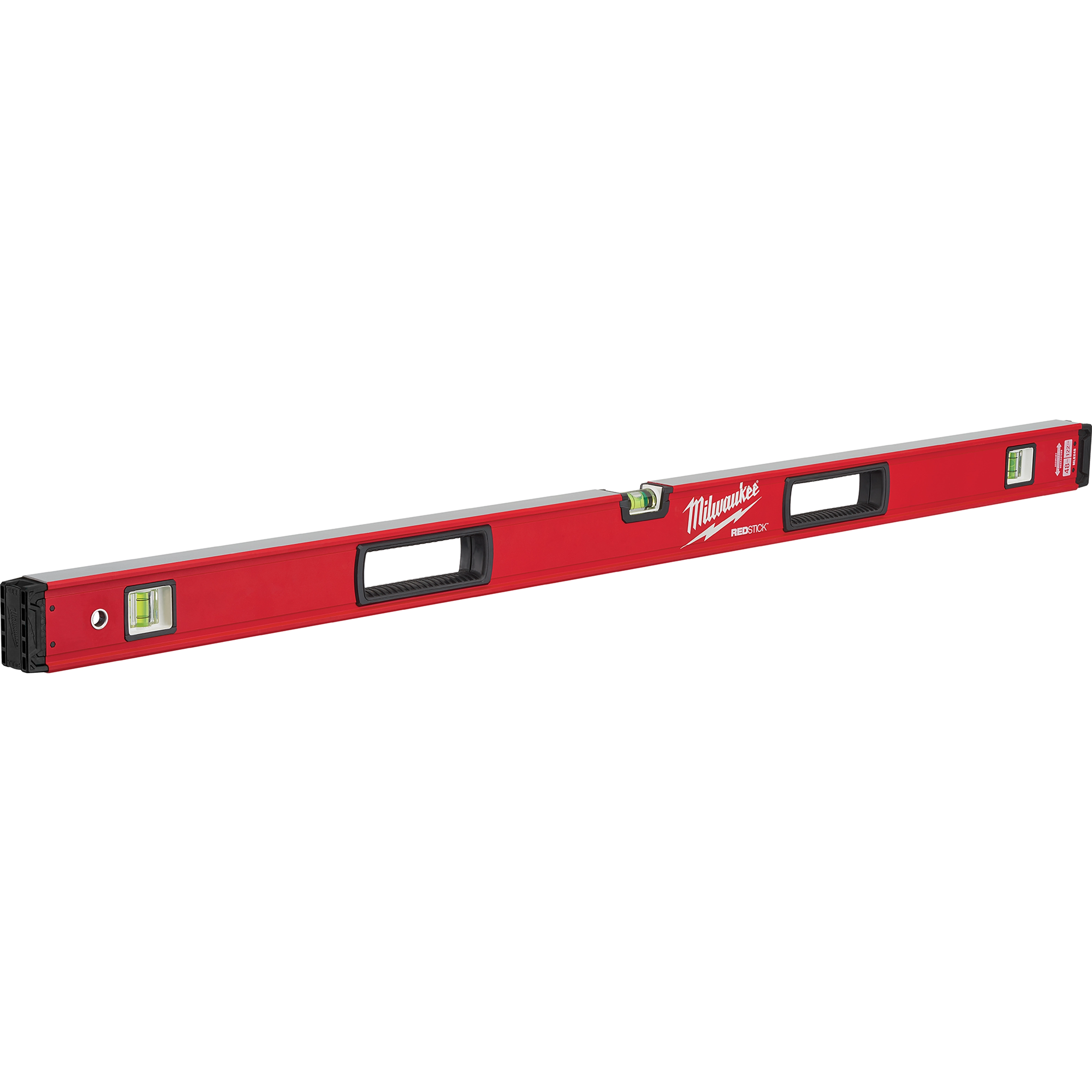 REDSTICK Level in red with three bubble vials, ergonomic grips, and the brand name Milwaukee displayed prominently.