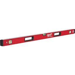 REDSTICK Level in red with three bubble vials, ergonomic grips, and the brand name Milwaukee displayed prominently.