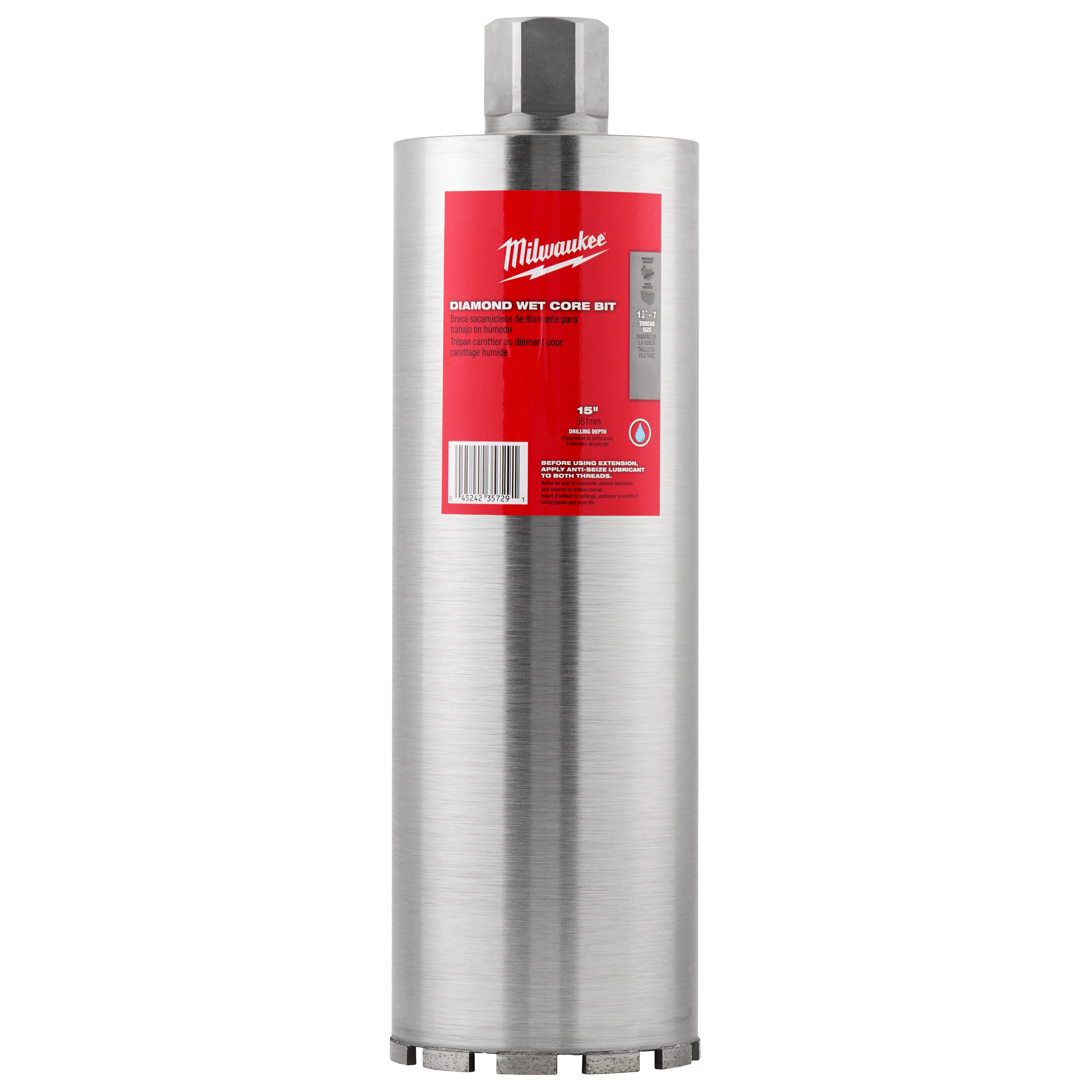 Milwaukee Diamond Wet Core Bit Block Shot, featuring a cylindrical metal drill bit with a red label, designed for wet drilling in hard materials.