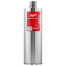 Milwaukee Diamond Wet Core Bit Block Shot, featuring a cylindrical metal drill bit with a red label, designed for wet drilling in hard materials.