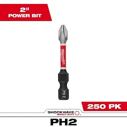 The image shows a SHOCKWAVE™ 2" Power Bit PHILLIPS #2, with a red and black design. It is part of a bulk pack of 250 pieces, as indicated in white text on a red background.