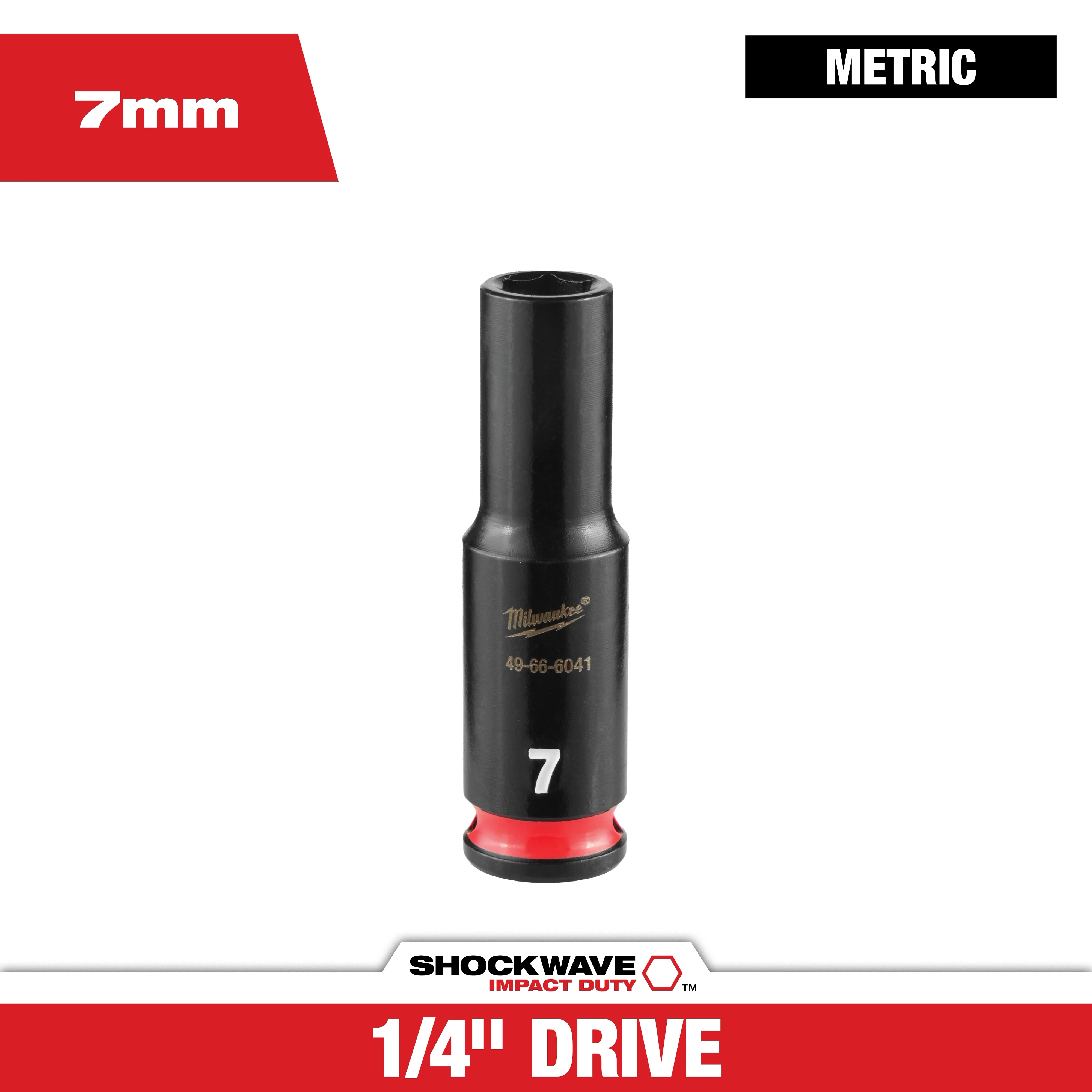 SHOCKWAVE Impact Duty 1/4" Drive 7MM Deep 6 Point Socket standing upright with 7mm and metric labels.
