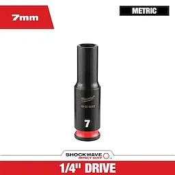 SHOCKWAVE Impact Duty 1/4" Drive 7MM Deep 6 Point Socket standing upright with 7mm and metric labels.