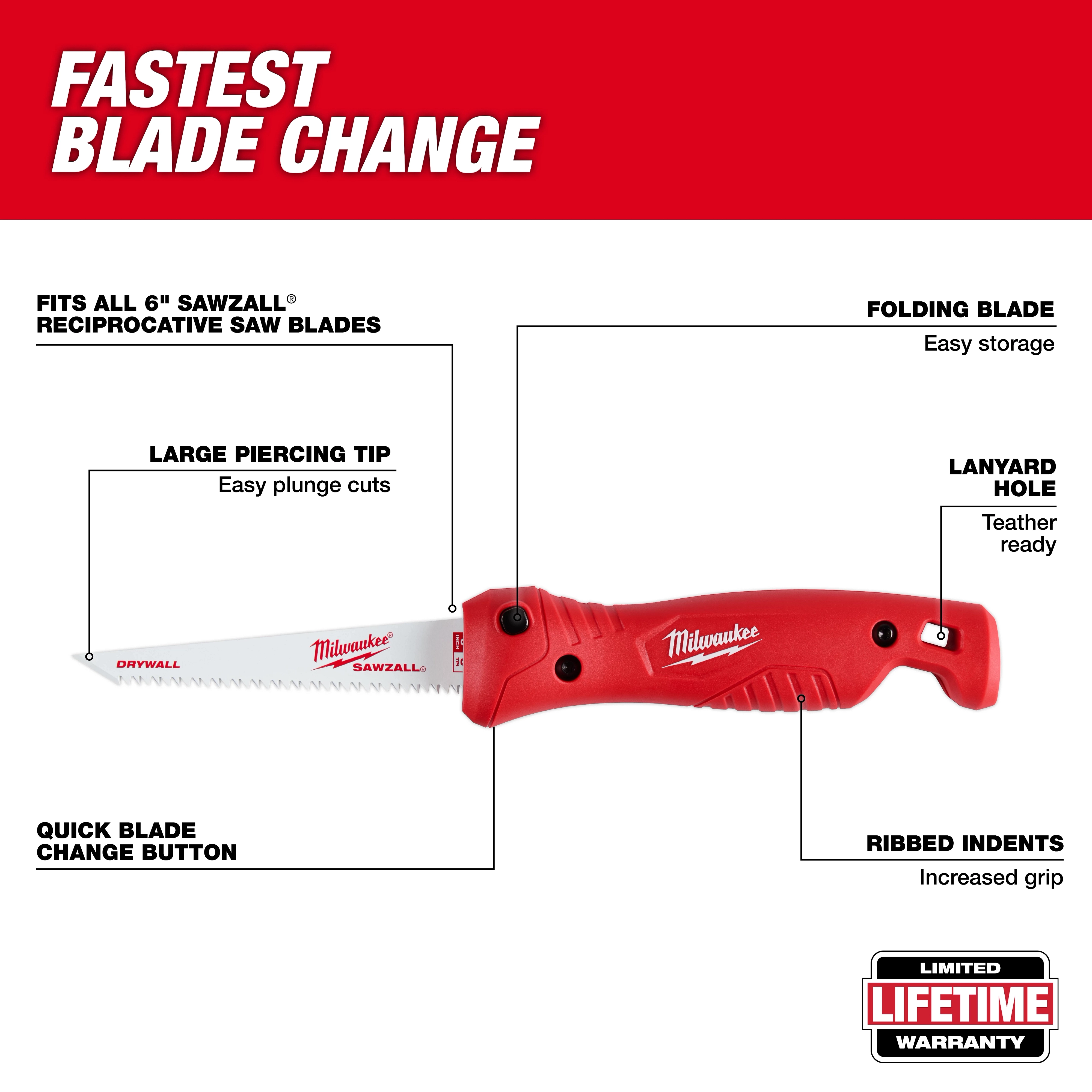 Folding Jab Saw with a red handle, large piercing tip, quick blade change button, folding blade, lanyard hole, and ribbed indents.
