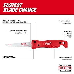 Folding Jab Saw with a red handle, large piercing tip, quick blade change button, folding blade, lanyard hole, and ribbed indents.