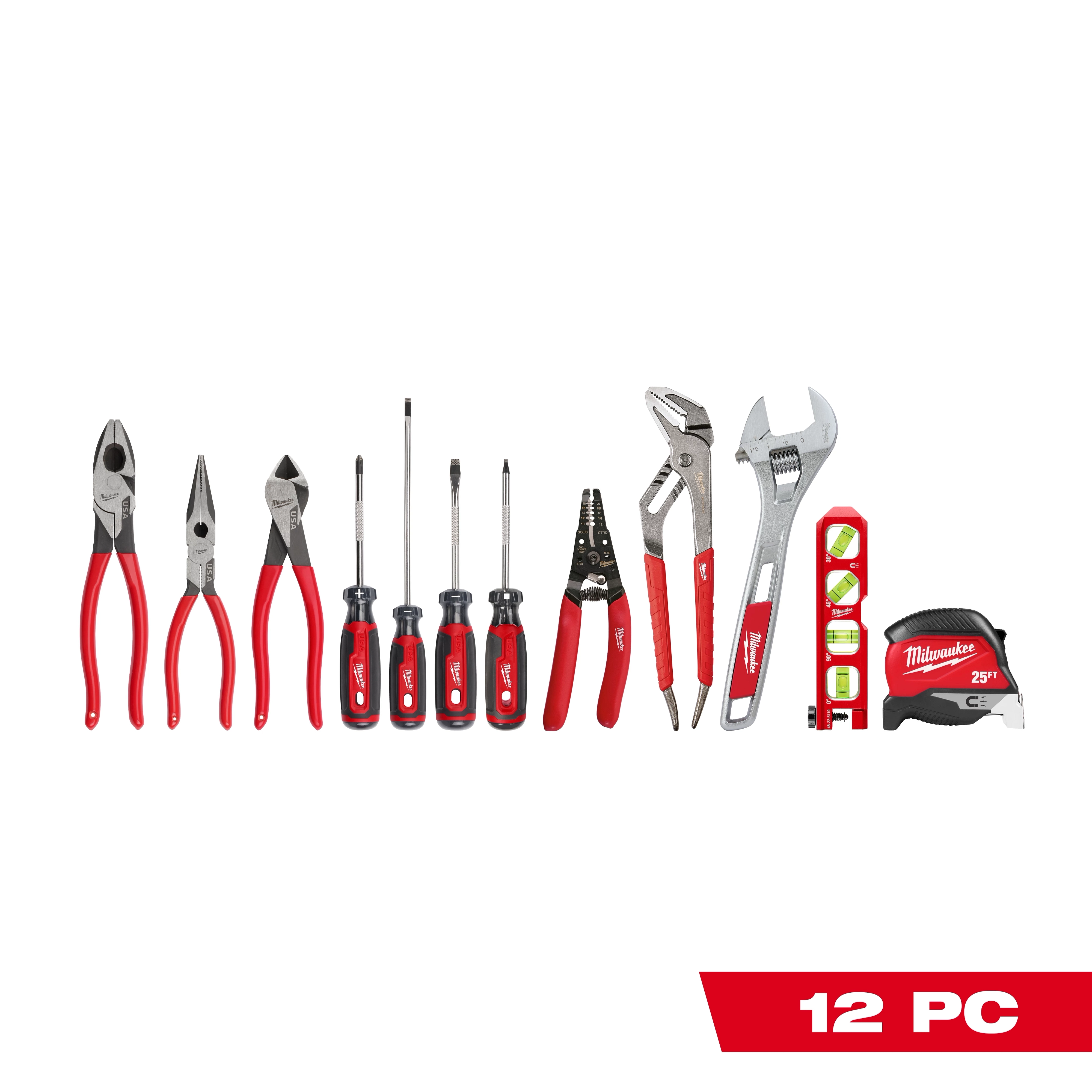 The 12 PC. Electrical Hand Tool Set includes pliers, screwdrivers, wire strippers, a wrench, a level, and a measuring tape. All tools feature red and black handles.