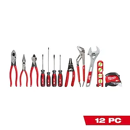 The 12 PC. Electrical Hand Tool Set includes pliers, screwdrivers, wire strippers, a wrench, a level, and a measuring tape. All tools feature red and black handles.