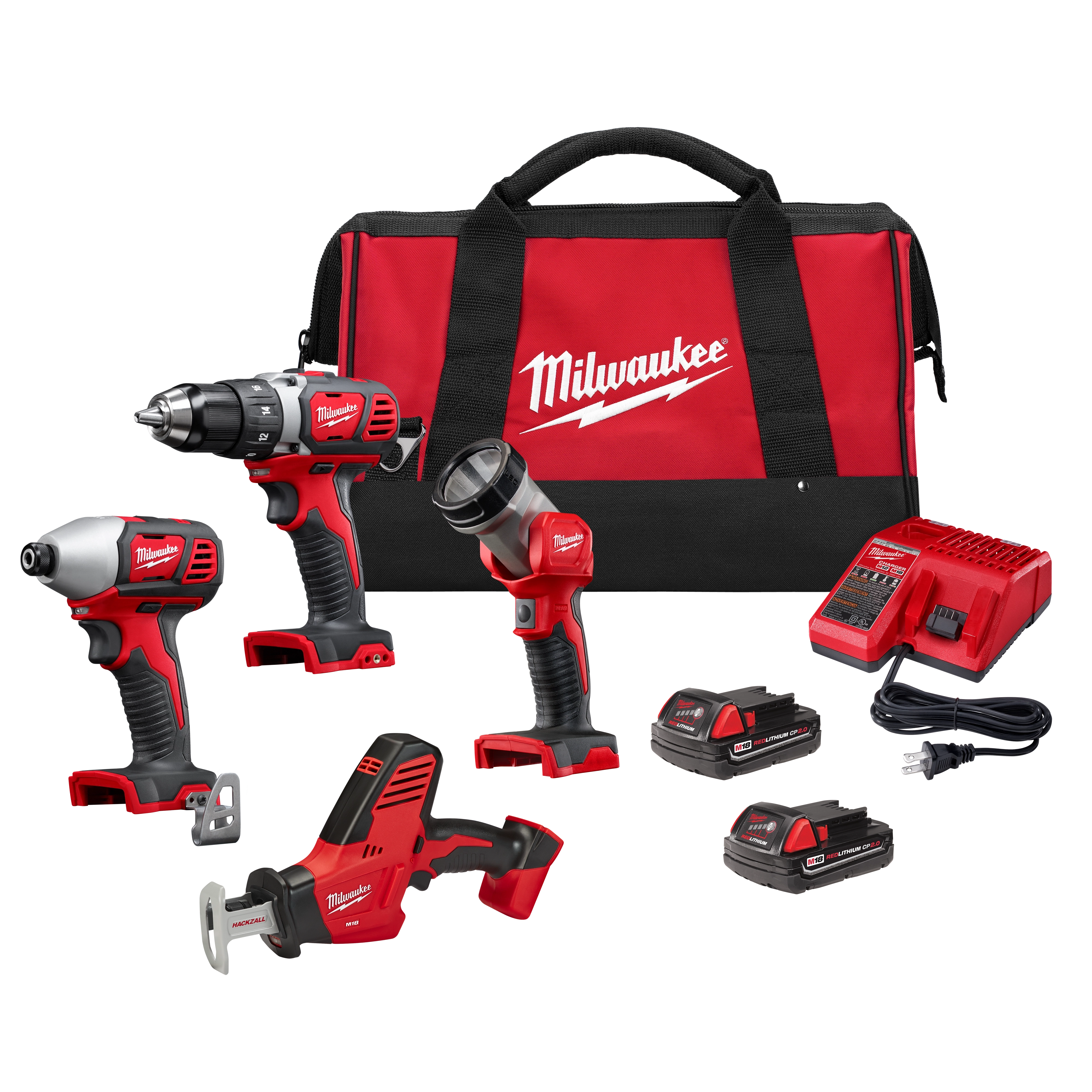 The M18™ Cordless LITHIUM-ION 4-Tool Combo Kit includes a drill/driver, impact driver, reciprocating saw, work light, two batteries, charger, and a red and black carrying bag. All tools are red with black accents and Milwaukee branding.
