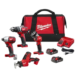 The M18™ Cordless LITHIUM-ION 4-Tool Combo Kit includes a drill/driver, impact driver, reciprocating saw, work light, two batteries, charger, and a red and black carrying bag. All tools are red with black accents and Milwaukee branding.
