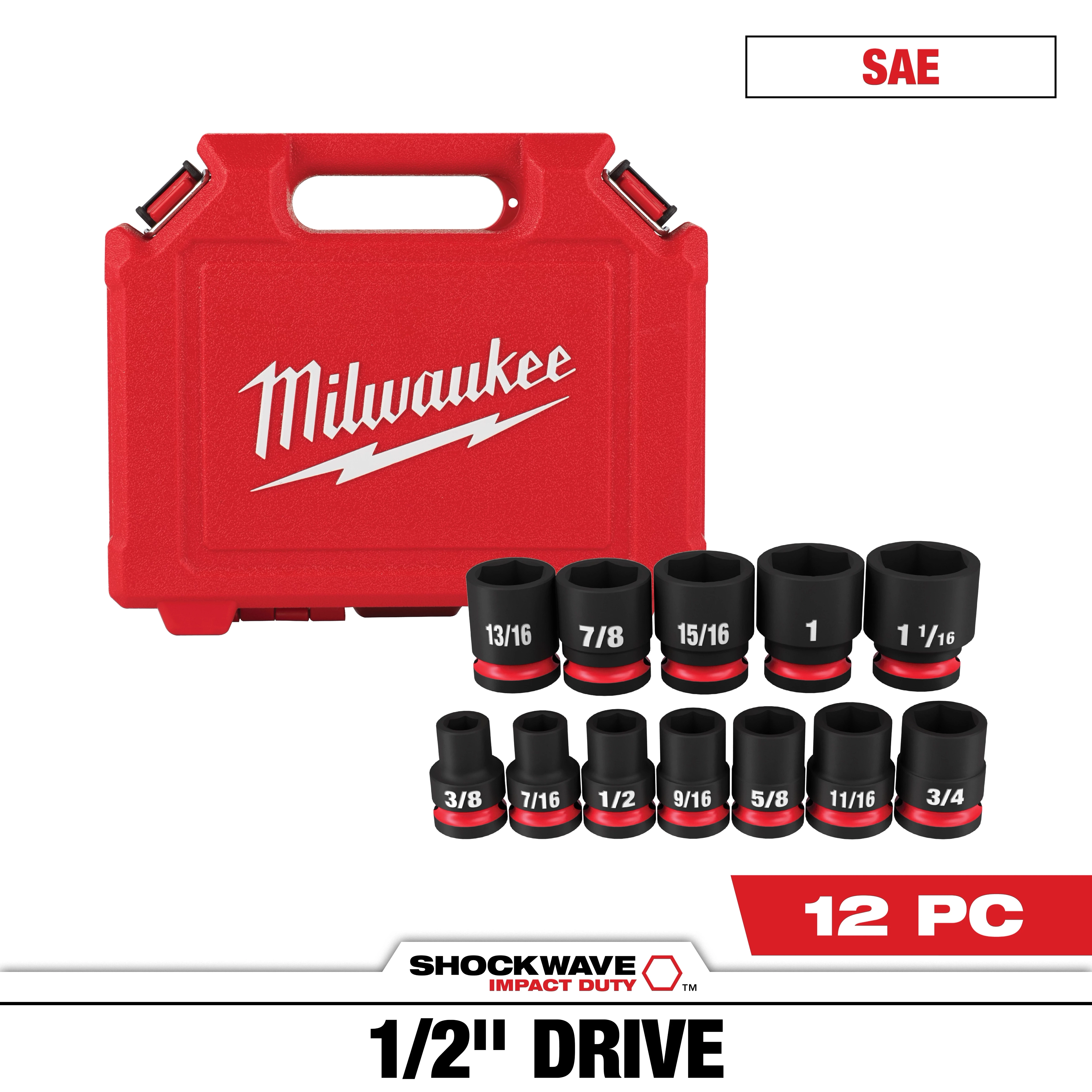 Milwaukee Shockwave Impact Duty 1/2" Drive SAE 12-Piece Socket Set includes 12 black sockets of various sizes, arranged in front of a red carrying case with the Milwaukee logo. Sizes range from 3/8 to 1 1/16 inches.