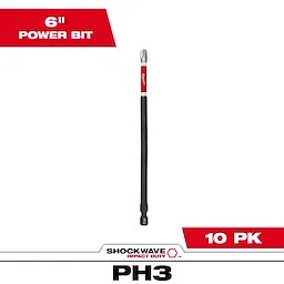 The image displays a SHOCKWAVE™ 6" Impact Duty Phillips #3 Power Bit from a 10-pack. The bit is long, with a red and black design, suitable for impact duty applications. It is labeled PH3 at the base and is designed for durability and precise performance.